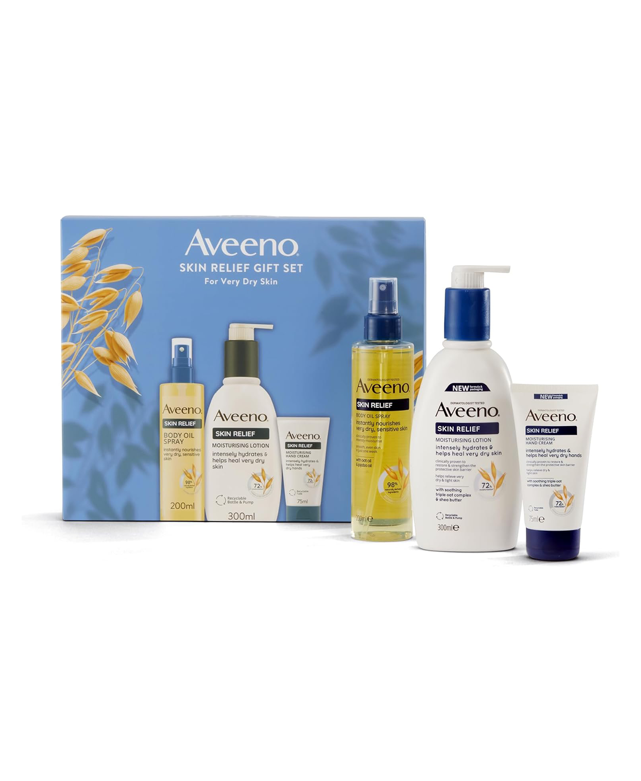 AVEENO® Skin Relief Gift Set with Moisturising Lotion 300ml, Body Oil Spray 200ml and Hand Cream 75ml, Sensitive Skin Gift, Helps Heal Dry Skin, Christmas Gift