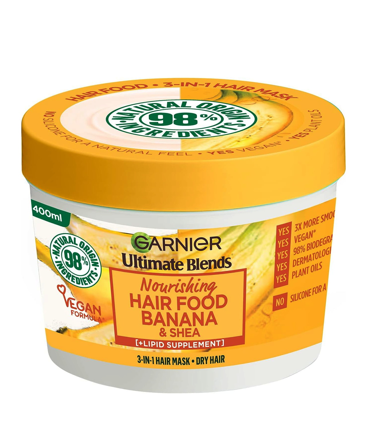 Garnier Hair Food Multi-use Hair Treatment Mask, Nourishes and Conditions, Ideal for Dry Hair, No Silicones, Vegan Formula, Banana, Ultimate Blends, 400ml